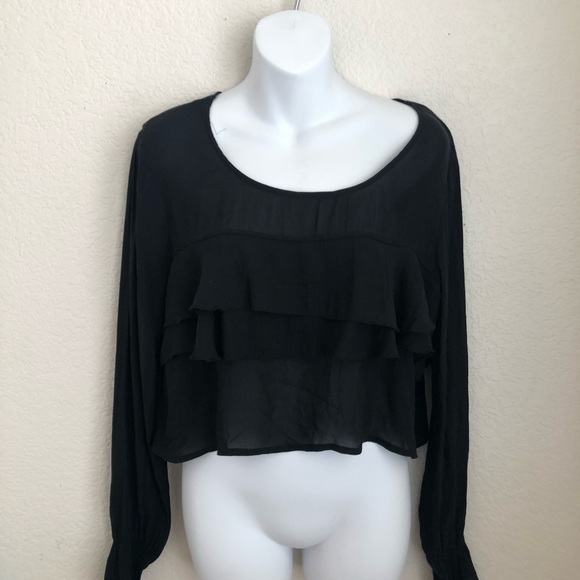 Mono B Black Tier Layered Ruffle Long Sleeve Blouse Shirt Womens Formal Flowy - Picture 2 of 4